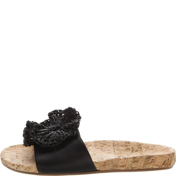 Schutz Halle Black Leather Flower Design Comfortable Cork Slide Mule Sandals (Black Leather, 5)