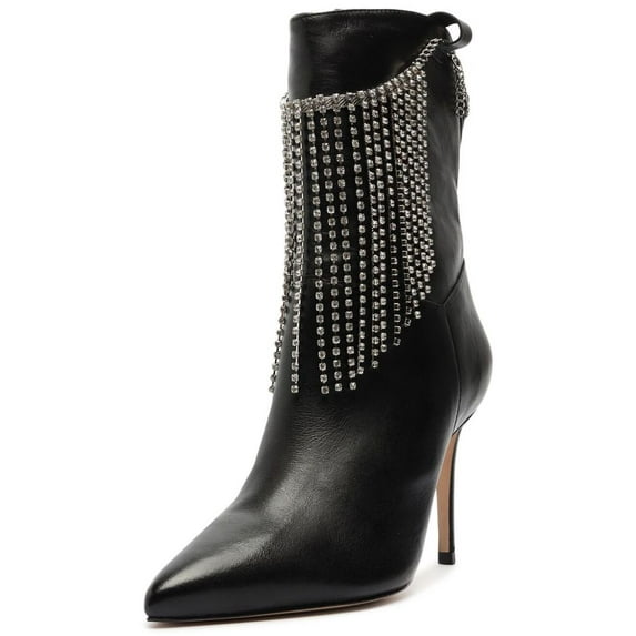 Schutz Hallen Black Crystal Fringed Pull On Pointed Toe High Heel Ankle Boots (Black, 5)