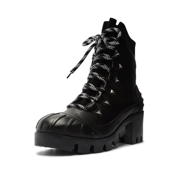 Schutz Jan Black Leather Lace Up Block Heel Rounded Toe Womens Ankle Booties (Black, 5)