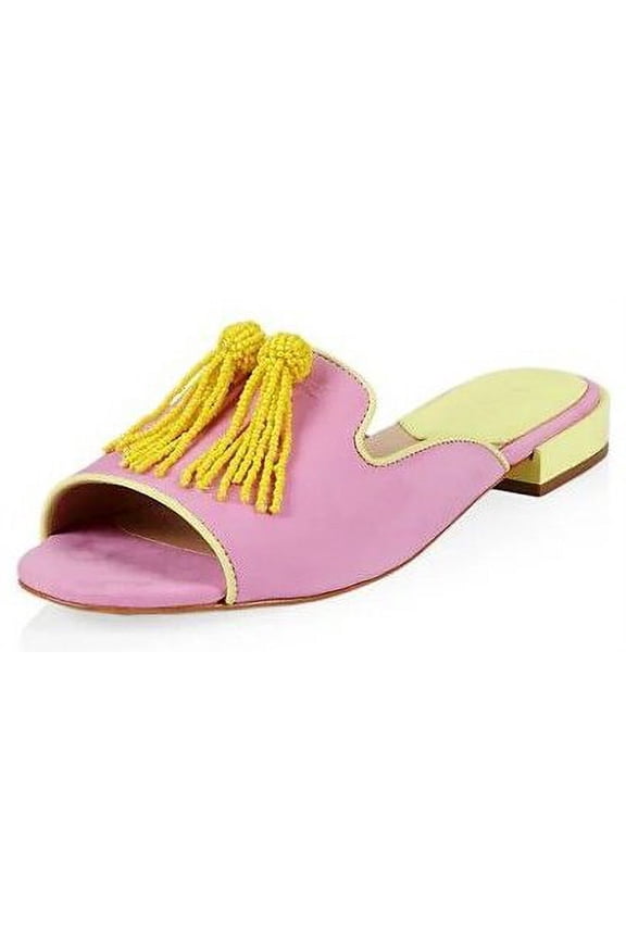 Schutz Jannis Flat Pink Open Toe Slip On Embellished Tassel Upper Flat Sandals (Club Ros, 5)