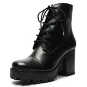 Schutz Jeannie Black Leather Combat Lug Sole Lace Up Block Heel Ankle Boots (Black, 10.5)