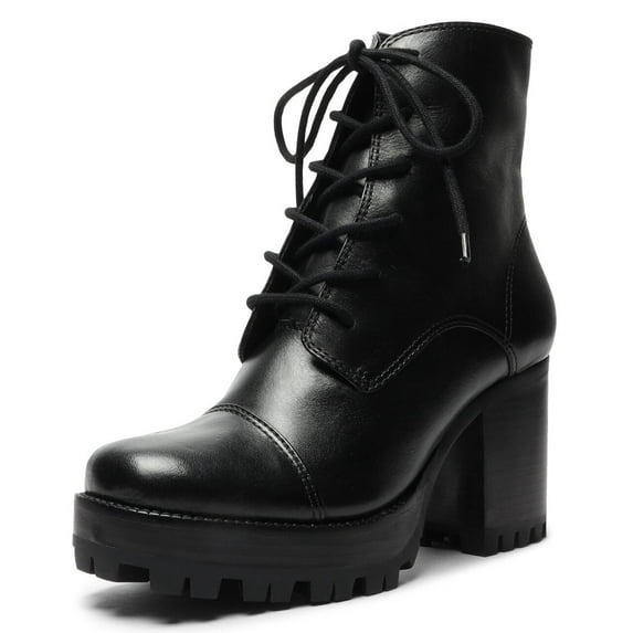 Schutz Jeannie Black Leather Combat Lug Sole Lace Up Block Heel Ankle Boots (Black, 10.5)
