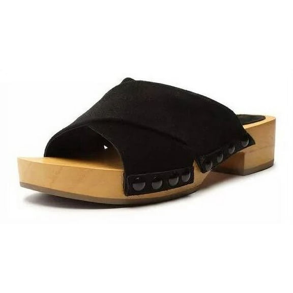 Schutz Jett Black Suede Open Toe Slip On Cross Strap Wooden Block Heeled Clog Sandals (BLACK, 9.5)