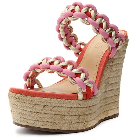 Schutz Juliet Coral Strappy Woven Slip On Open Toe Wedge Heeled Platform Sandals (Coral, 5)