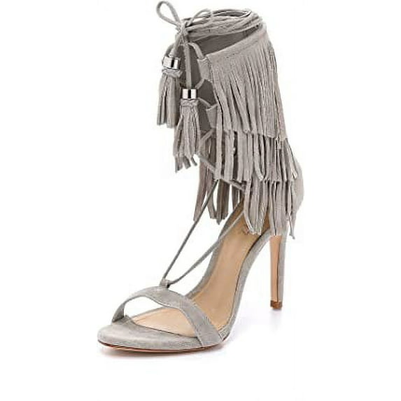 Schutz KIJA Ciment Grey Suede Stiletto Heel Fringe Tie Up Single Sole Sandals (Ciment Grey, 10)