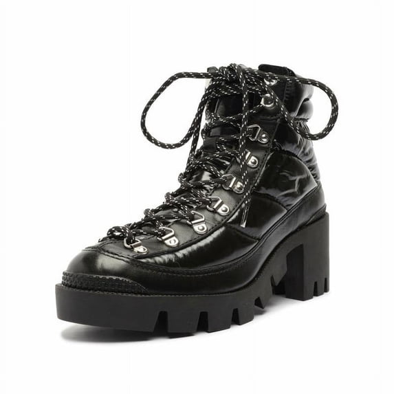 Schutz Keilane Nappa Nylon Black Rounded Toe Lace Up Lug-Soled Hiking Heel Boots (Black, 10.5)