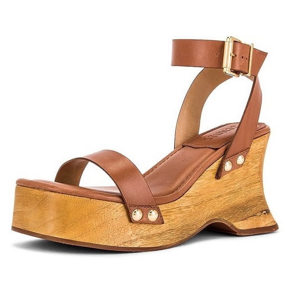 Schutz Lansy Deep Beige Buckle Ankle Strap Wooden-Sole Wedges Style Sandals (Deep Beige, 9)