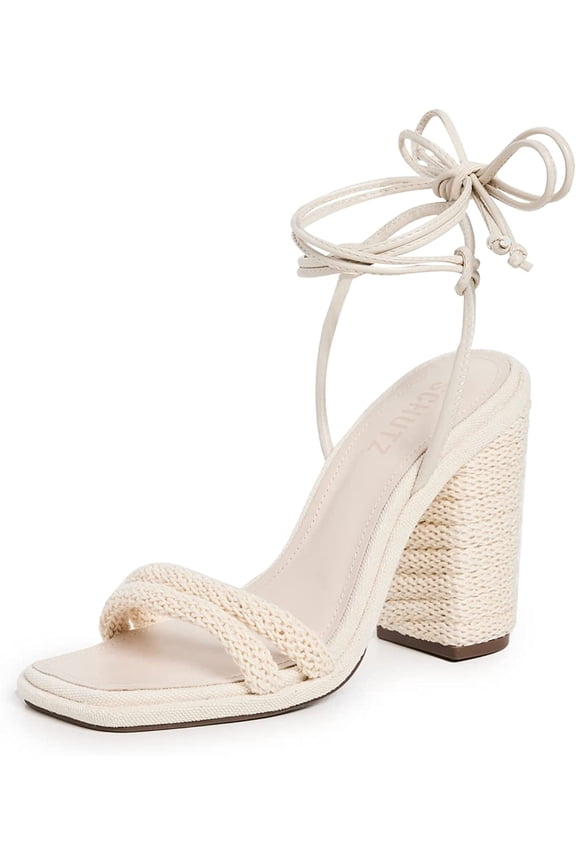 Schutz Leenah Egg Shell Lace Up Open Toe Crochet Cord Style Block Heeled Sandals (Egg Shell, 10.5)