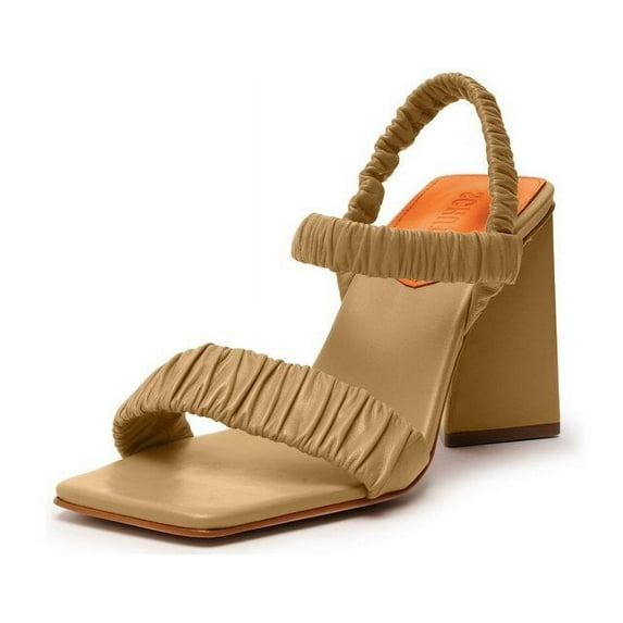 Schutz Lirah Honey Beige Slingback Strap Open Toe Block High Block Heel Sandals (Honey Beige, 5)