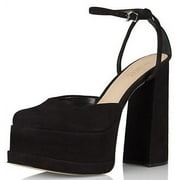 Schutz Luan New Black Ankle Strap Square Toe Chunky Platform Block Heel Pumps (Black, 8.5)