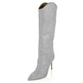 thumbnail image 1 of Schutz Maryana Glow Metallic Silver Pointed Toe Mid Stiletto Heel High Knee Boot (Metallic Silver, 5), 1 of 6