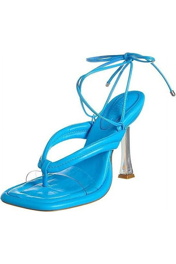 Schutz Meghan True Blue Clear Lace Up Open Toe Stiletto High Heel Thong Sandals (True Blue, 5)