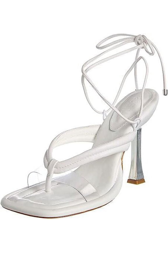 Schutz Meghan White Clear Vamp Lace Up Open Toe Stiletto High Heel Sandals (5, White)