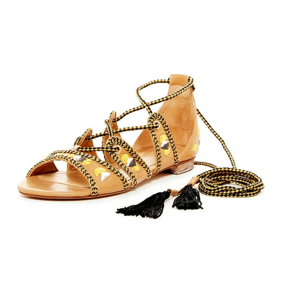 Schutz Mulan Sandal Lightwood Tie Up Open Toe Strappy Caged Flats Sandals (Lightwood, 6.5)