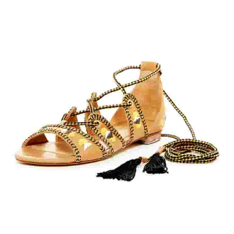 Schutz Mulan Sandal Lightwood Tie Up Open Toe Strappy Caged Flats