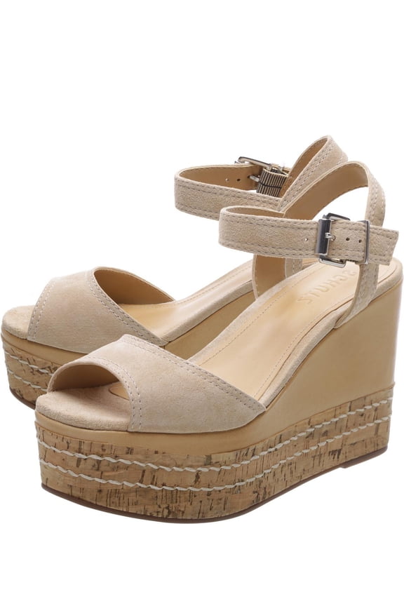 Schutz Muna Amber Light Nude Suede Cork Lined Stitched Wedge Platform Sandals