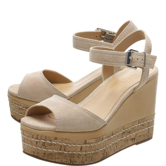 Schutz Muna Amber Light Nude Suede Cork Lined Stitched Wedge Platform Sandals