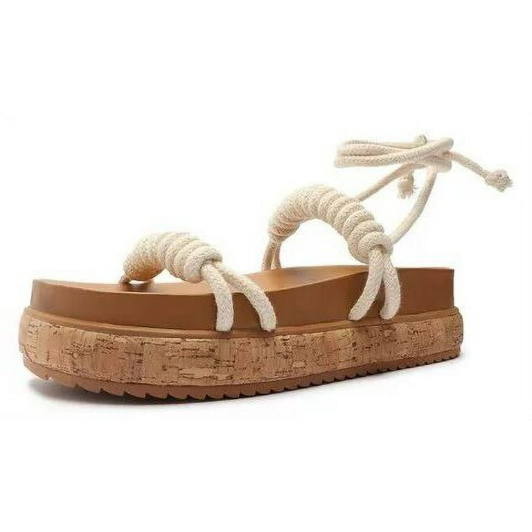 Schutz Nagie Cru Ivory Flat Wedge Cork Heel Tie Up Rope Rounded