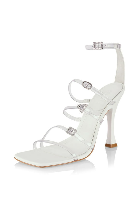 Schutz Noelle White Crystal Detail Ankle Strap Open Toe Flared High Heel Sandals (White, 7)