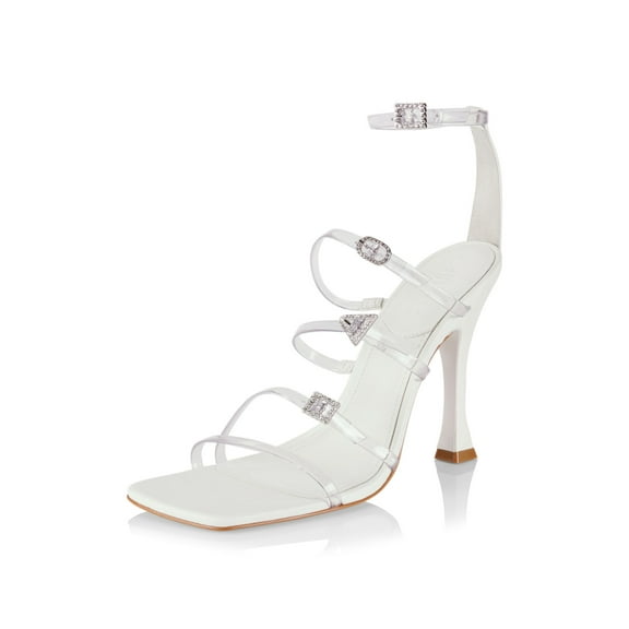 Schutz Noelle White Crystal Detail Ankle Strap Open Toe Flared High Heel Sandals (White, 8)