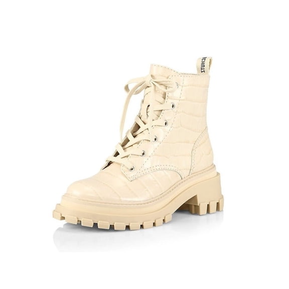 Schutz Orly Egg Shell Croco Womens Rounded Toe Lace Up Fashion Chunky Boots (Egg Shell, 10.5)