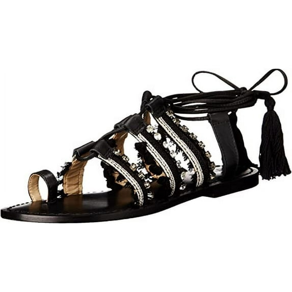 Schutz Patricia Gladiator Black White Flat Tie Up Fringe And Gem Designer Sandal (6)