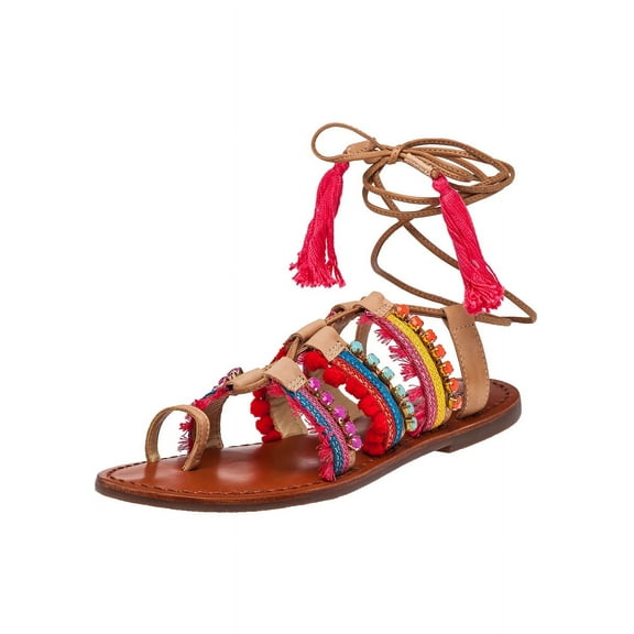 Schutz Patricia Multi Color Leather Gladiator Ankle Wrap Flat Mule Sandals (6) (Multi, 4)