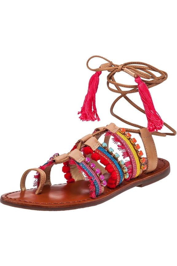 Schutz Patricia Multi Color Leather Gladiator Ankle Wrap Flat Mule Sandals (6) (Multi, 4)