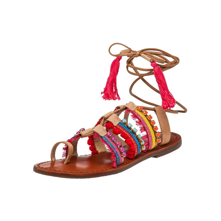 Schutz Patricia Multi Color Leather Gladiator Ankle Wrap Flat Mule