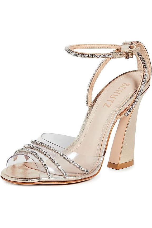 Schutz Rowenah Platina Clear Straps Crystals Ankle Strap Open Toe Heel Sandals (Platina, 10.5)