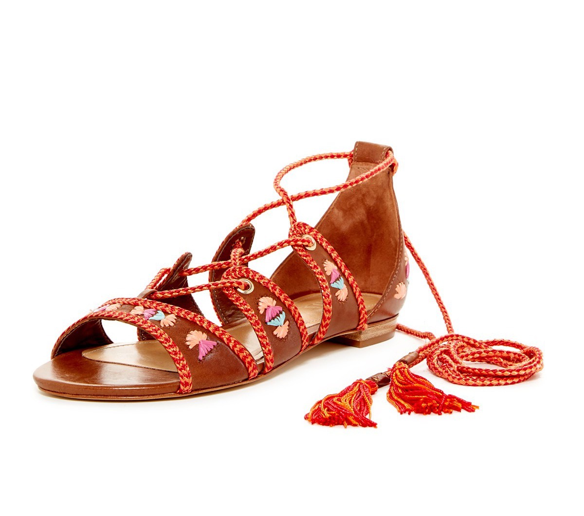 Schutz Sandal Saddle Brown Leather Gladiator Open Toe Wrap Up Flat
