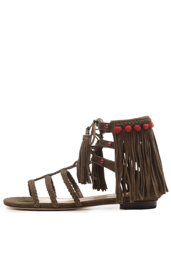 Schutz Shuli Aloe Military Green Fringe Detailed Gladiator Flat Beaded Sandals (Aloe, 6)