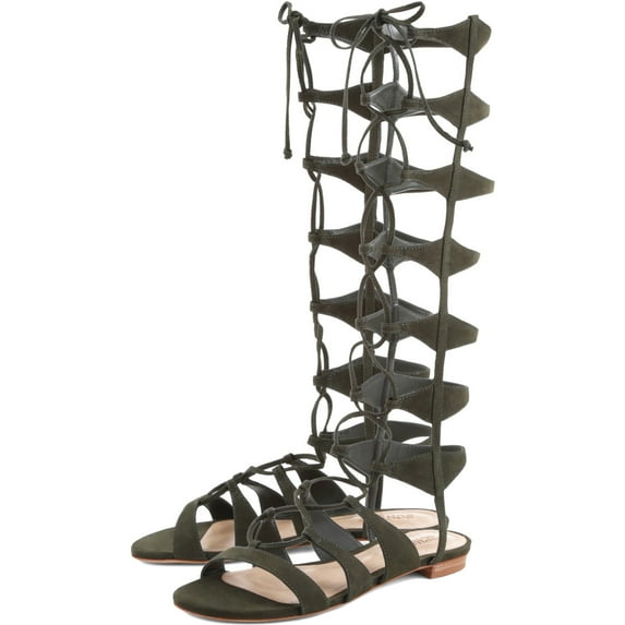 Schutz Shyla Millitary Green Suede Flat Tie Up Knee High Gladiator Sandals (Green, 6)