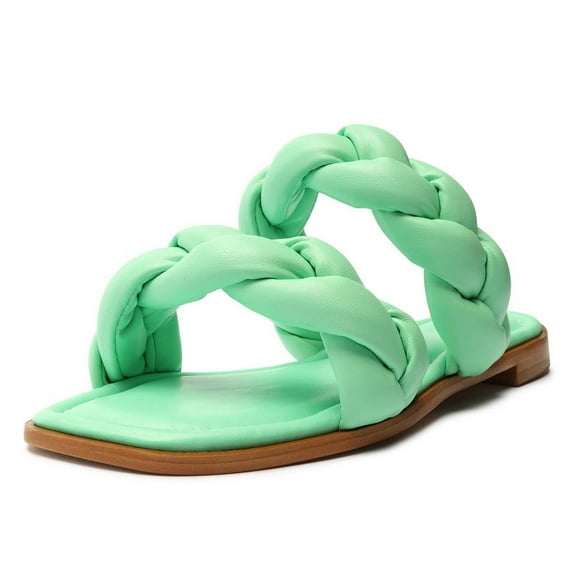 Schutz Soo Flat Green Leather Braided Straps Slip On Open Toe Flat Heel Sandals (Deep Mint, 5.5)