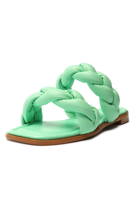 Schutz Soo Flat Green Leather Braided Straps Slip On Open Toe Flat Heel Sandals (Deep Mint, 5.5)