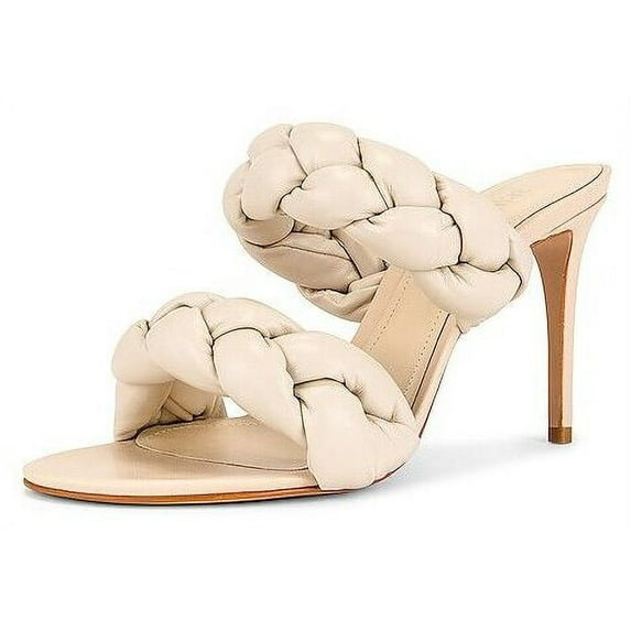 Schutz Soo White Leather Braided Straps Slip On Open Toe Stiletto Heeled Sandals (Eggshell, 6.5)