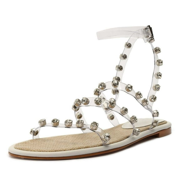 Schutz Steph Flat White Open Toe Embellished Multi Straps Flat Heel Sandals (WHITE, 5)