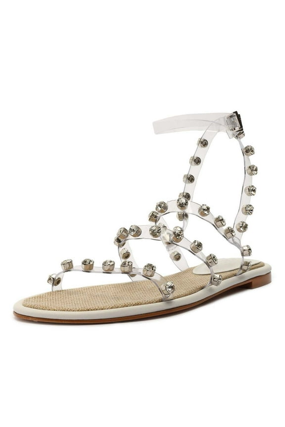 Schutz Steph Flat White Open Toe Embellished Multi Straps Flat Heel Sandals (WHITE, 5)