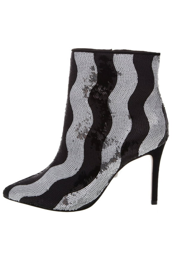 Schutz Tammy Heeled Black Silver Sequin Fashion High Heel Pointed Disco Booties (Black Silver, 6)