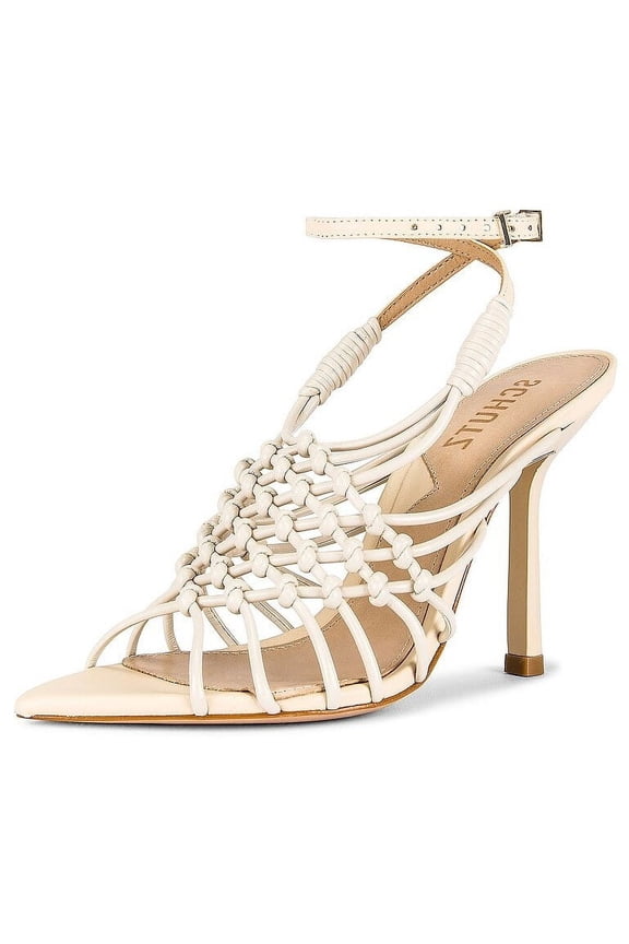 Schutz Tinah Egg Shell Woven Vamp Ankle Strap Open Toe Stiletto Heel Sandals (Egg Shell, 6)