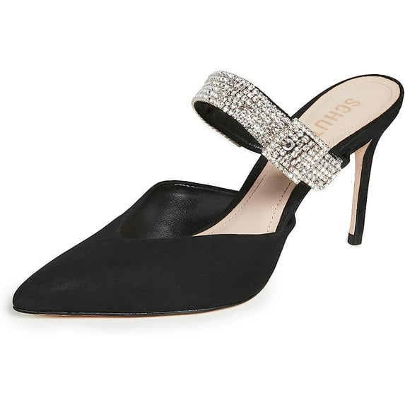 Schutz Tishara Black Rhinestones Ankle Strap Pointed Toe Stiletto Heel Sandals (Black, 7)
