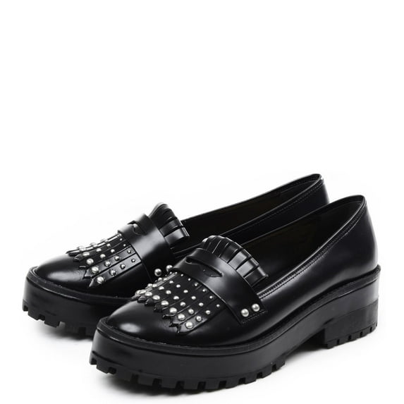 Schutz Vibby Black Leather Embellished Tasseled Lug Sole Oxford Chunky Heel Shoe (Black, 5)