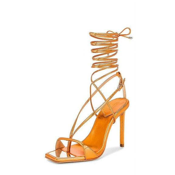 Schutz Vikki Orange Ankle Strap Lace Up Open Toe Stiletto Heeled Dress Sandals (Bright Tangerine, 5)
