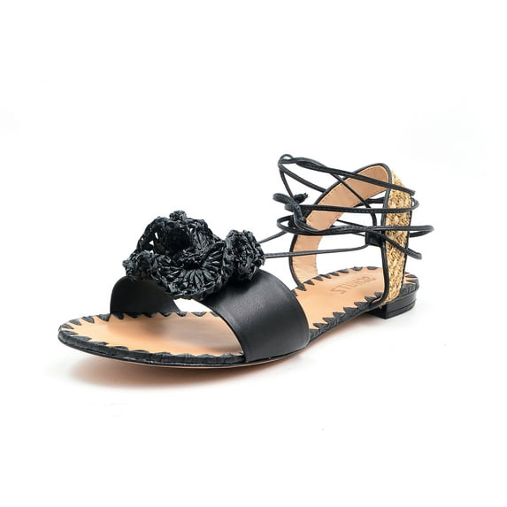 Schutz Womens Kenzie Black Flats Open Toe Flowered Insole Wrap Around Tie Sandal (Black / Natural, 6.5)