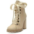 thumbnail image 1 of Schutz Zhara Nude Lace Up Lug Sole Block High Heel Combat Moto Ankle Bootie Boots (Eggshell, 9.5), 1 of 3