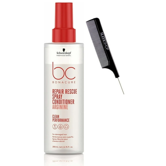 Schwarzkopf BC Bonacure REPAIR RESCUE Spray Conditioner ARGININE for Damaged Hair, Leave-In Conditioner, Newest 2023 Formula Version (w/ SLEEKSHOP Steel Pin Comb) Clean Hair Performance (6.76 oz )
