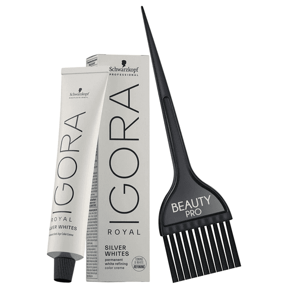 Schwarzkopf IGORA ROYAL SILVER WHITES Permanent Color 2.1 oz / 60 g - Silver (Light) + Beauty Pro Brush