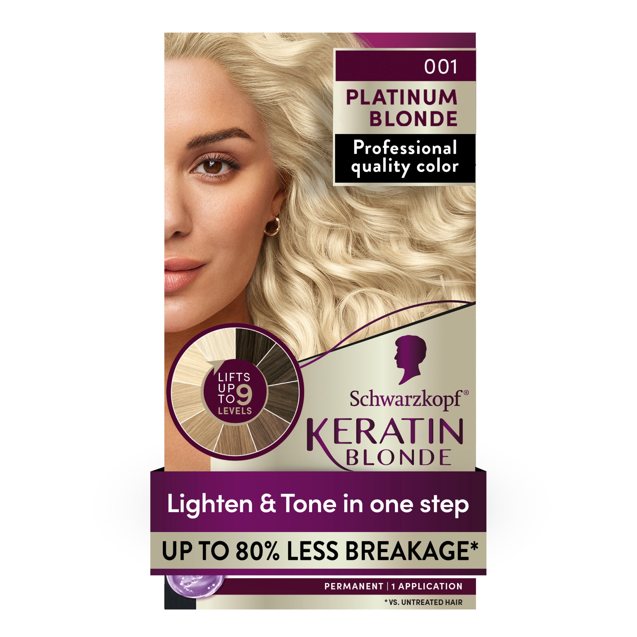 Schwarzkopf Keratin Blonde Hair Dye Platinum Blonde 001, Ultra Lightening Permanent Color, 1 Use