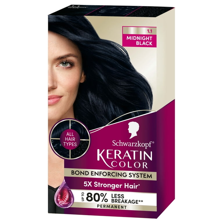 Schwarzkopf Keratin Color Permanent Hair Color 1.1 Midnight Black 1 Application Salon Inspired Permanent Hair Dye for up to 80 Less Breakage vs