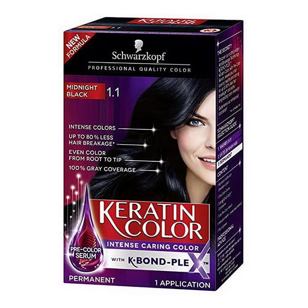 Schwarzkopf Keratin Color Anti Age Hair Color, Midnight Black 1.1, 2.03